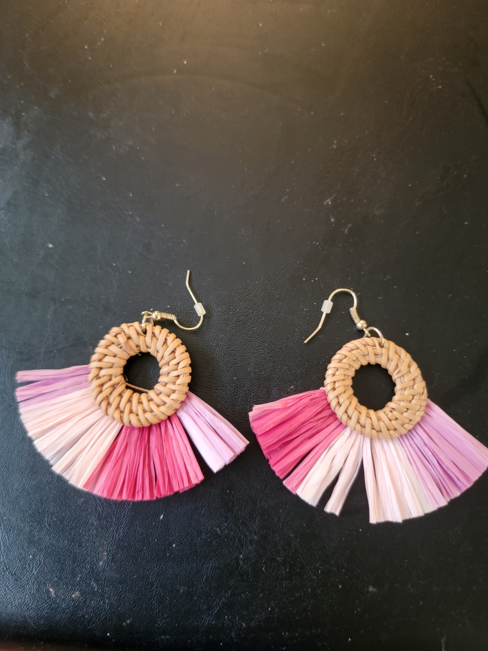 Handwoven Pink Gradient Raffia Fan Drop Earrings Handcrafted